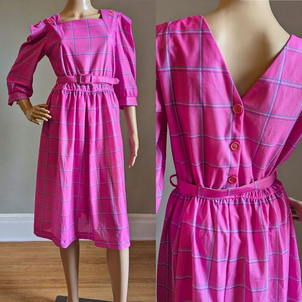 Vintage 80s KR of NY Pink Plaid Midi Dress Belted Twee Barbiecore Size 7
